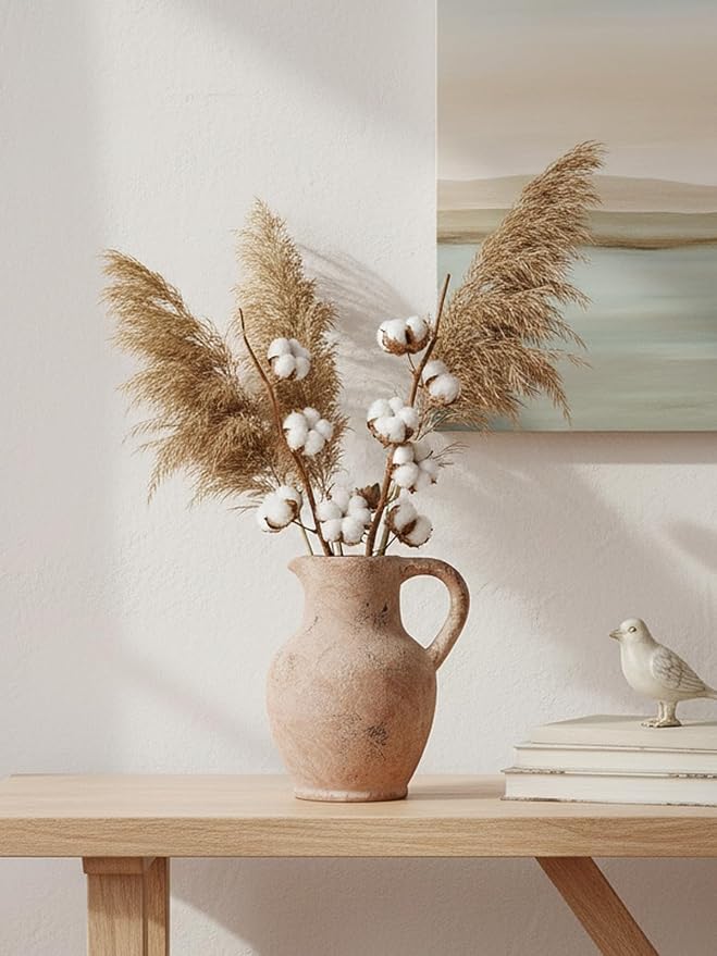Kanwone Ceramic Flower Vase with Handle, Farmhouse Rustic Decorative Terracotta Vase for Home Decor, Centerpiece, Living Room, Kitchen, Table, Dining Room, Retro