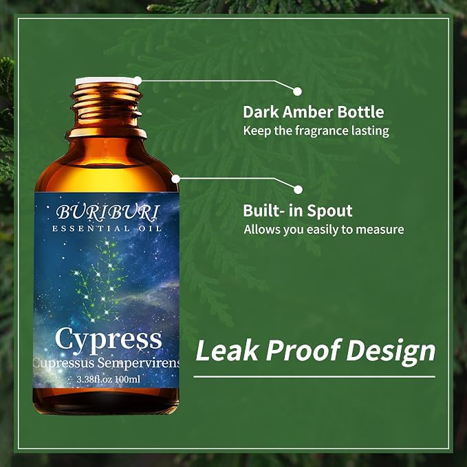 BURIBURI 100ML Cypress Essential Oil, 100% Pure Undiluted Aromatherapy Cypress Oil 3.38fl.oz for Soap, Candle Making, Massage, Diffuser, Humidifier
