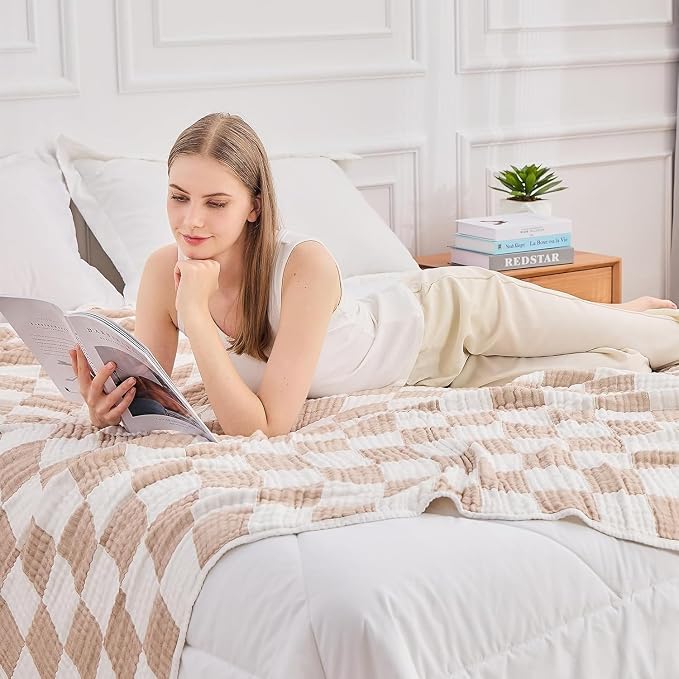 EMME Cooling Muslin Twin XL Blanket - Checkered Lightweight Summer Cotton Blankets of Rayon Derived from Bamboo for Hot Sleepers, Ultra Soft Breathable All Season Gauze