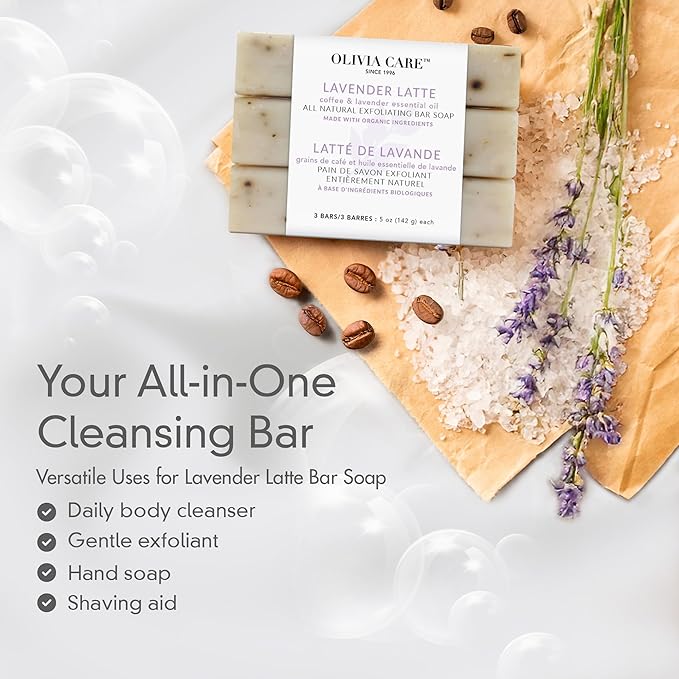 Olivia Care Exfoliating Bar Soap Lavender Latte 3 Pack Natural, Organic. Infused with Coffee Bean & Lavender Essential Oil - 3 X 5 OZ