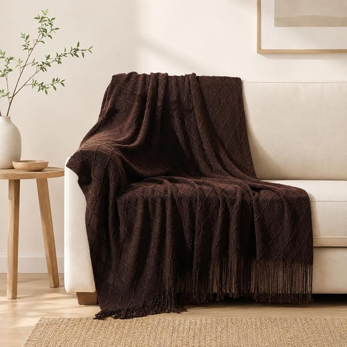 BATTILO HOME Dark Brown Throw Blanket for Couch, Chocolate Knit Throw Blankets for Home Decor, Decorative Brown Blanket for Foot of Bed, 50"x60"