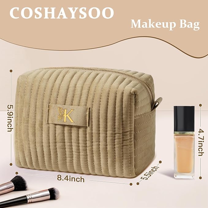 COSHAYSOO Best Friend Christmas Birthday Gifts for Women Mom Sister Teacher Bridesmaid Nurse, Personalized Initial Makeup Bags Travel Velvet Cosmetic Bag Woman Gift Ideas Taupe Beige Letter K