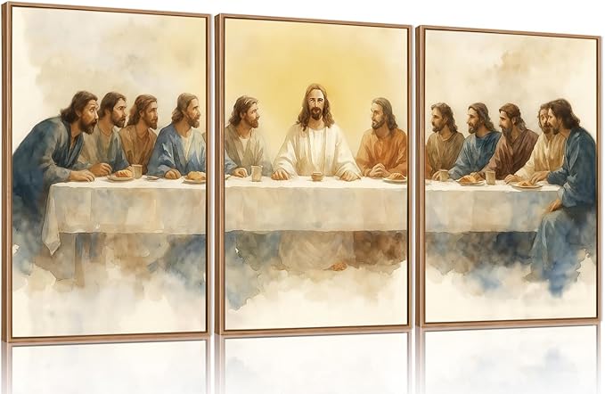 FWIEXA Jesus Last Supper Canvas Wall Art Set 3, Framed Christian Easter Decor Painting, Religious Boho Prints , Bible Watercolor Artwork, 16x24In Verse Scripture Pictures for Living Room,Bedroom,Prayer Room