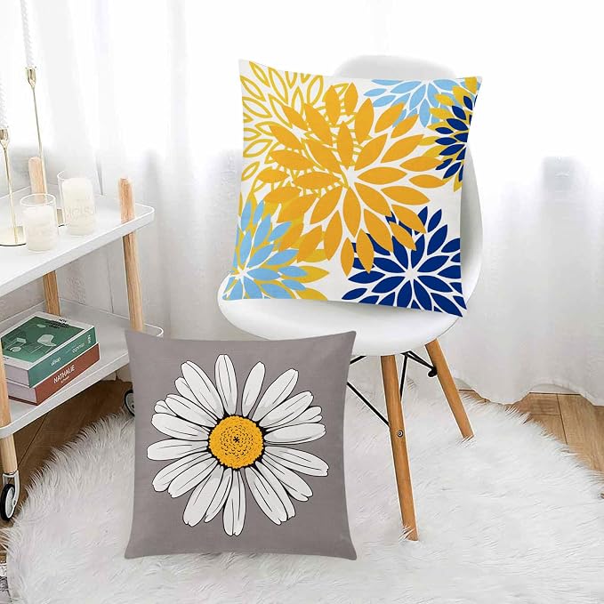 Yellow Blue Throw Pillow Covers 18x18 Set of 6, Daisy Floral Linen Decor | spring floral bloom, decorative cushion cover, Standard Throw Pillow Size, Breathable Linen, Couch Sofa Living Room