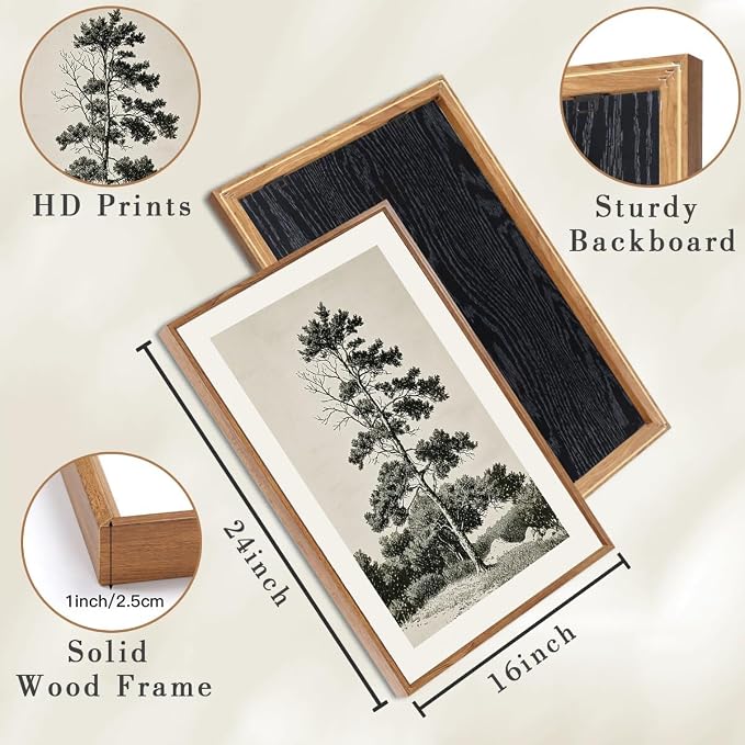 ANHUIB Vintage Tree Sketch Framed Canvas Wall Art 16x24 Inch Neutral Wilderness Forest Paintings Retro Botanical Wall Decor Set of 3 Black and White Landscape Prints for Living Room Bedroom Office