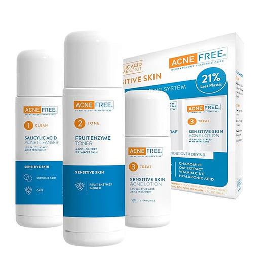AcneFree 24Hr Acne Clearing System for Sensitive Skin, 3-Step Kit with 1.5% Salicylic Acid – Gentle, Alcohol-Free Cleanser, Toner & Lotion for Acne-Prone Skin, Dermatologist Recommended