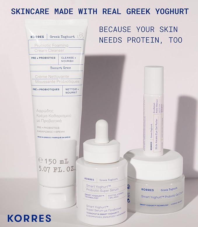 KORRES Protein Facial Kit, 4-Step Ritual with Greek Yoghurt Foaming Cleanser, Probiotic Super Serum, Wide Awake Under Eye Gel, & Probiotic Gel Cream, 4 Full Size Products