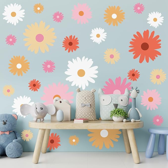 TaoBary 12 Sheet Daisy Wall Sticker Decal,Bright Color,Artsy Style | Big Flower Wall Sticker, Pink White Floral Decal, Daisy Bedroom Room Decor, Removable Peel and Stick, Nursery Home Wall Decor