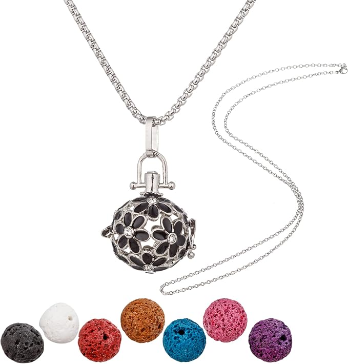 Essential Oil Diffuser Necklace Black Chrysanthemum Rhinestones Copper Aromatherapy Pendant Locket with 7pcs Lave Rocks Stone and 2pcs 27 Inch Gold Chain Jewelry for Women TeenGirls