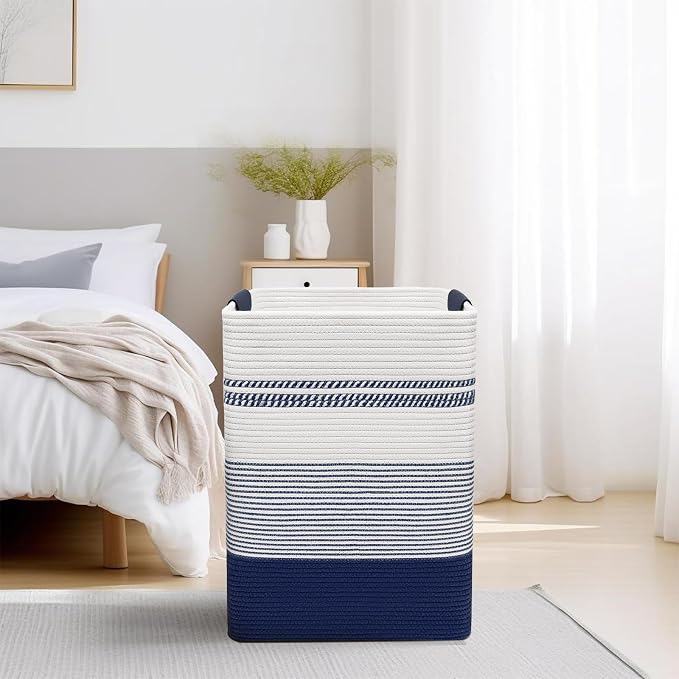 DOFASAYI Laundry Hamper, 85L Cotton Rope Laundry Basket, Dark Blue & White | Foldable nursery hamper with leather handles; store blankets, toys, baby clothes and laundry in bedroom or living room