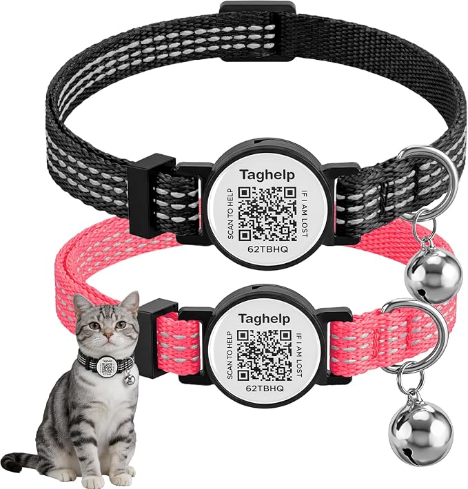 2-Pack Reflective-Breakaway Cat Collars with Bells with QR Code Name Tag, Cat ID Tag Personalized,Smart ID tag Cat Collar,Ideal for Girl Cats Male Cats Kittens Puppies (Black&Pink,NO airtag Holder)
