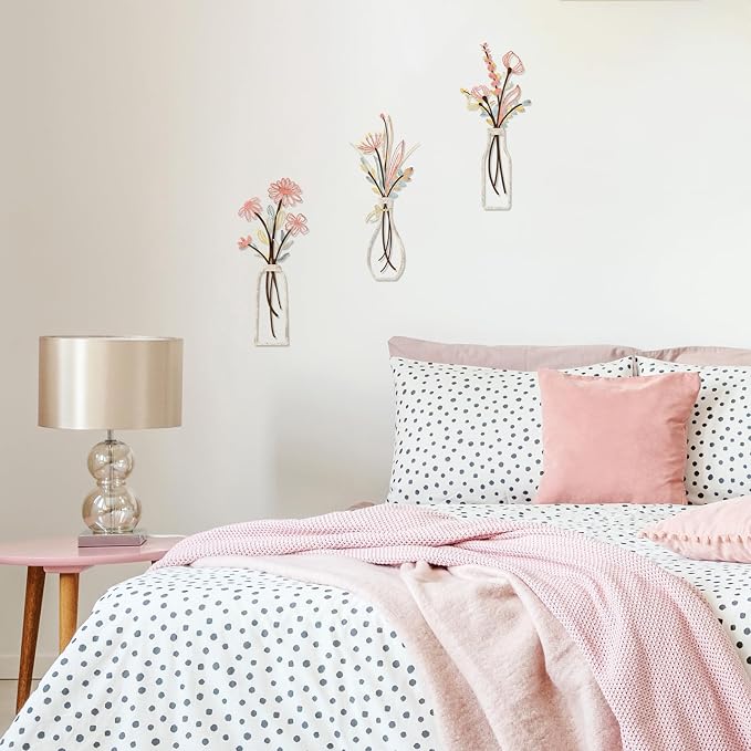 Pigort 3 Pieces Metal Flowers Wall Arts - Rustic Farmhouse Style Décor Metal Wall Art Black Minimalist Flower Natural Themed Wall Decors for Home Bedroom Dining Room Housewarming (Pink Beige)