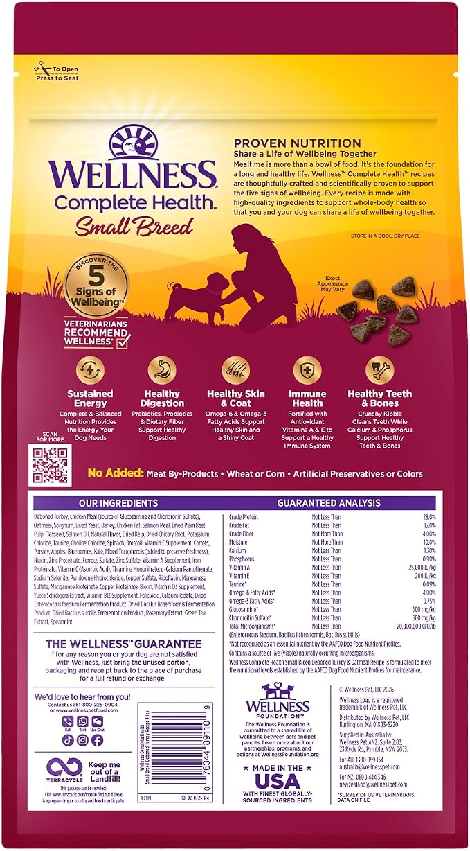 Wellness Complete Health Small Breed Adult Dry Dog Food, Wholesome Grain Kibble, Natural, Turkey and Oatmeal Recipe, 4 lb Bag