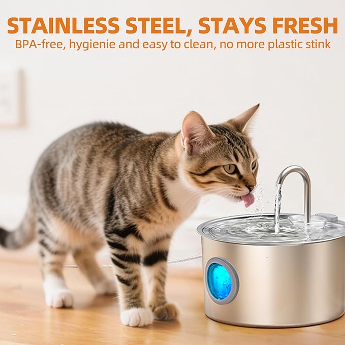 108oz/3.2L Stainless Steel Cat Water Fountain with Detachable Tank, Easy to Clean & Assemble, Pet Drinking Dispenser with Quiet Operation & LED Light, Gifts for Cats, Dogs and Small Pets