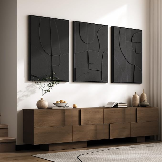 Large 3D Textured Framed Black Abstract Wall Art for Living Room, 3 piece Modern Minimalist Geometric Texture Artwork for Walls, Sandstone Art Pictures for Bedroom Hallway Office Wall Decor 24x36 In