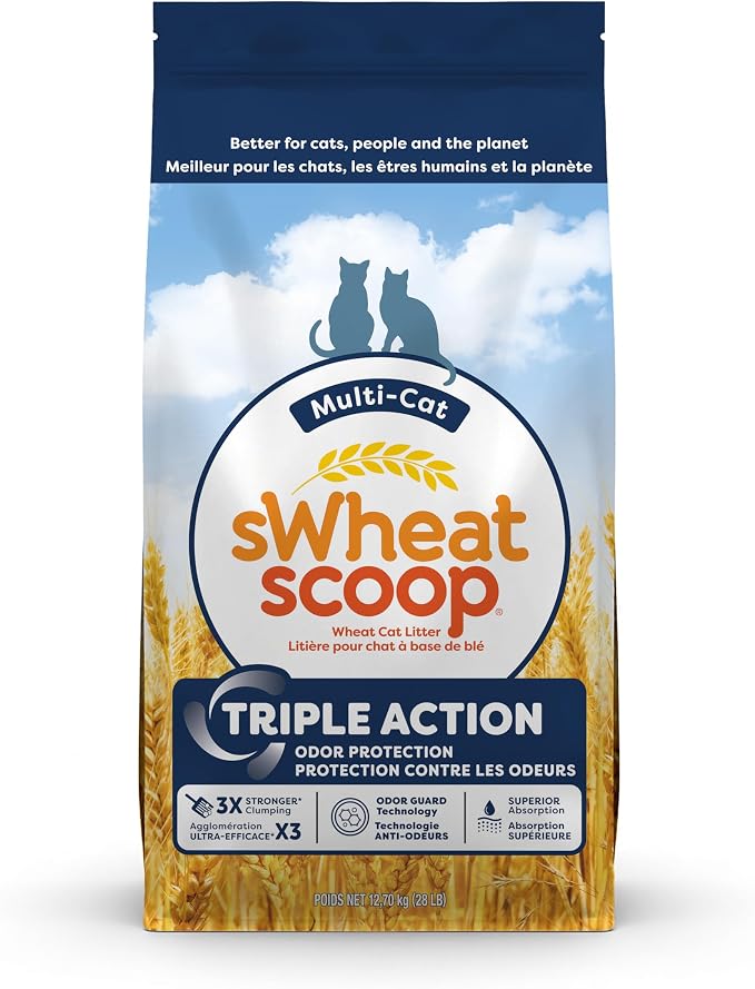 sWheat Scoop Triple Action Natural Wheat Cat Litter Odor Guard Technology, 3X Stronger Clumping, Super Absorbtion, 99.5% Dust Free Performance, 28 Pounds
