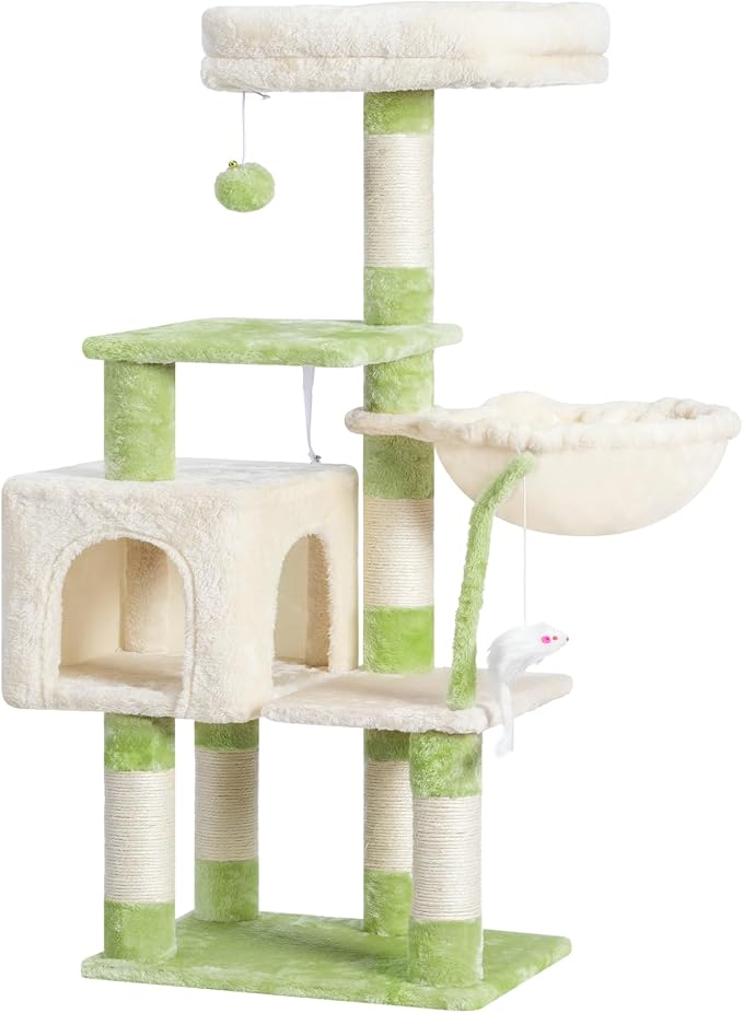 Heybly Cat Tree with Toy, 43.3 inch Cat Tower for Indoor Cats HCT004SGM | Cat Condo with Durable Sisal Scratching Posts, Cat House with Padded Plush Perch, Cozy Hammock, Green and Beige
