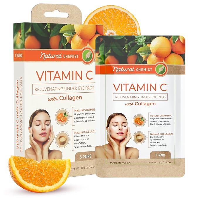Natural Chemist Vitamin C & Collagen Under Eye Patches - Anti-Aging, Reduces Dark Circles, Hydrating, Dermatologist Tested, Cruelty Free Korean Skin Care For All Skin Types - 5 Pairs