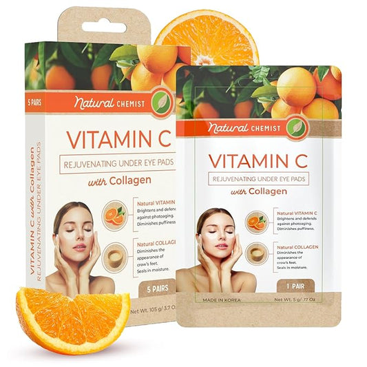 Natural Chemist Vitamin C & Collagen Under Eye Patches - Anti-Aging, Reduces Dark Circles, Hydrating, Dermatologist Tested, Cruelty Free Korean Skin Care For All Skin Types - 5 Pairs