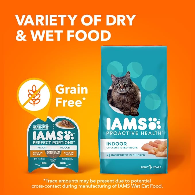 IAMS Perfect Portions Grain Free Wet Cat Food, Indoor Adult Cat Food Wet Cuts in Gravy, Chicken Recipe, (24) 2.6 oz. Twin-Pack Trays (Pack of 2)