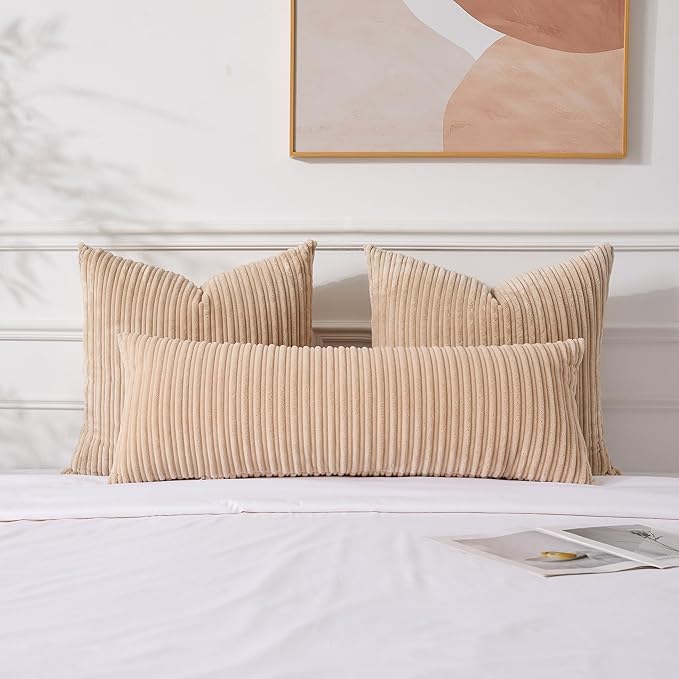 UGASA 14x36 Inch Pillow Cover Pack of 1 Soft Boho Stripe Corduroy Large Long Rectangular Lumbar Cushion Cover Farmhouse Decorative Throw Pillowcase for Bed, Couch, Sofa, Bedroom, Living Room, Beige