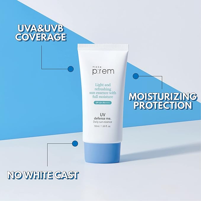 MAKEPREM UVA UVB Defense Me Daily Sun Essence VEGAN Makeup Sunscreen Gel SPF 50+ PA++++ 1.69 Fl Oz Reef-Safe Moisture Sunblock Strong UV Blue Ray Broad Protection Dry Oily Sensitive Acne-Prone Skin