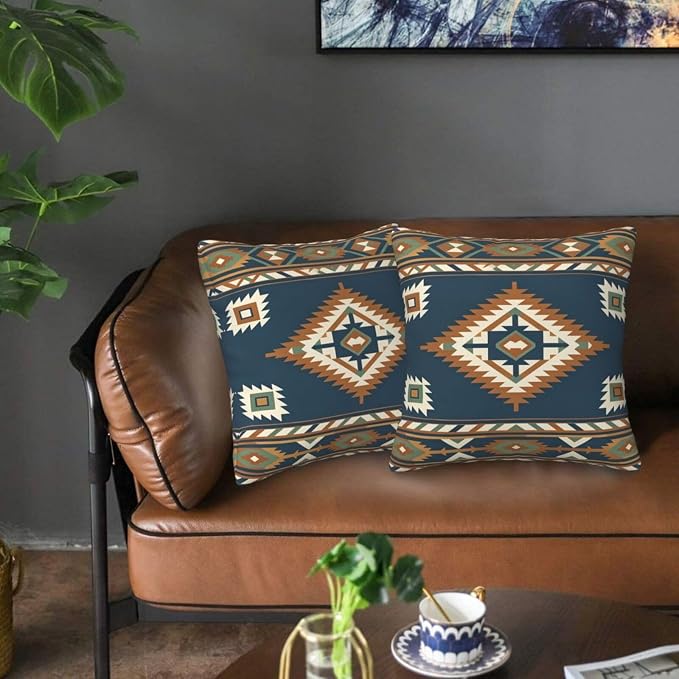 Aztec Southwestern Navy Blue Throw Pillow Covers 20x20 Set of 2 Western Boho Cushion Cases Home Decor