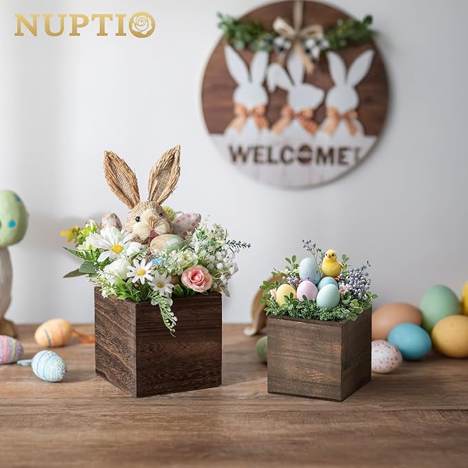 NUPTIO Small Wooden Box for Centerpiece, Brown, Square, 4"/5", 6 Pcs | Farmhouse Wood Vases Planter, for Fall Decor, Windowsill, Home, Garden
