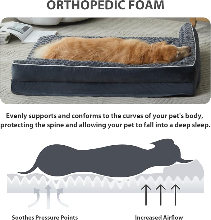 BFPETHOME Extra Large Orthopedic Dog Bed, L-Shaped Pet Bed for Dogs up to 100 lbs, Waterproof, Removable Washable Cover, Non-Slip Base, 48 x 35 x 7.5 inches, Dark Grey | Deluxe Plush Rose Velvet Washable Cover, Egg Crate Foam Support, Waterproof Lining...