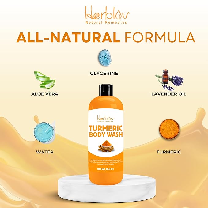 Turmeric Body Wash – Skin Brightening Liquid Soap for Discoloration – Natural Anti Aging Exfoliating Turmeric Body Wash for Spots, Acne, Sun Damage – Bath Soap Skincare