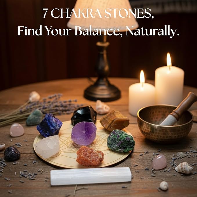 Healing Crystals Set – 7 Raw Chakra Stones & Selenite Stick | Unpolished Crystal Healing Stones for Meditation, Yoga, Reiki | Wooden Box with Velvet Pouch & Guide