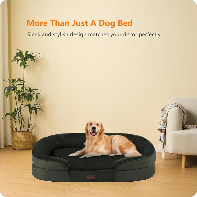 Dwanton Orthopedic Waterproof Large Dog Bed Sofa, Gel Memory Foam, 42" | Egg-Crate Foam Dog Sofa, Washable Pet Bed with Four Sided Bolster Cushion, Removable Cover & Non-Slip Bottom, Green