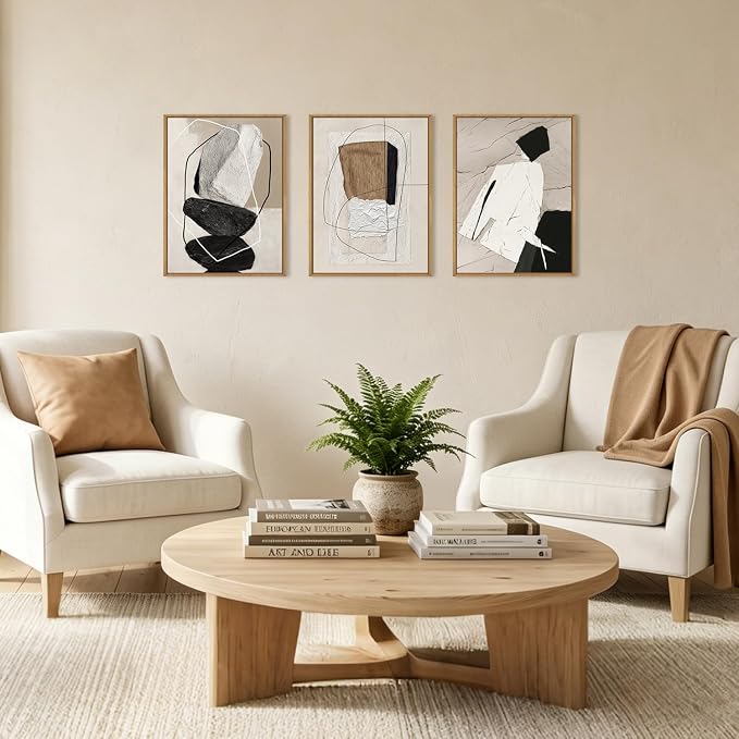 ANHUIB Neutral Abstract Wall Art Canvas,Black Beige Artwork, Modern Textured Framed Wall Art, Minimalist Geometric Painting,16x12Inches Set of 3 for Living Room Bedroom