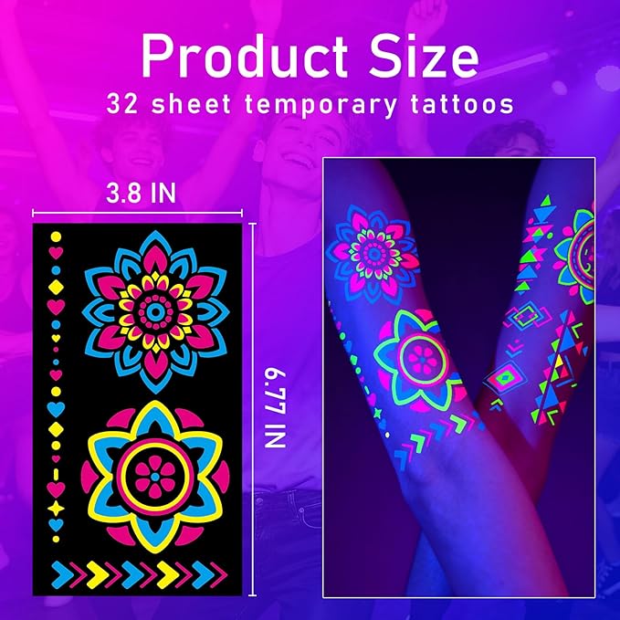 Glow in the Dark Party Supplies Temporary Tattoos 192+ PCS, Neon UV Blacklight Reactive Face Tattoos for for Party Supplies, Fluorescent Henna Flower Temporary Tattoos for Adults, Teens