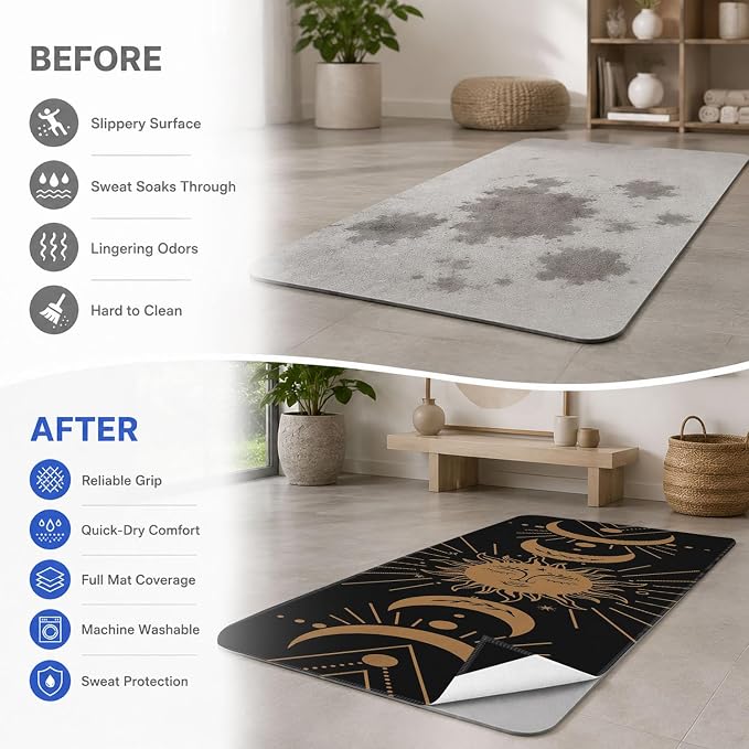 Yoga Mat Towel, Black Hot Yoga Non Slip Corner Pockets, 70 x 26 in | Soft Absorbent Microfiber With Four Corner Pockets, Fits Over Yoga Mats For Hot Yoga, Pilates, Gym, And Travel