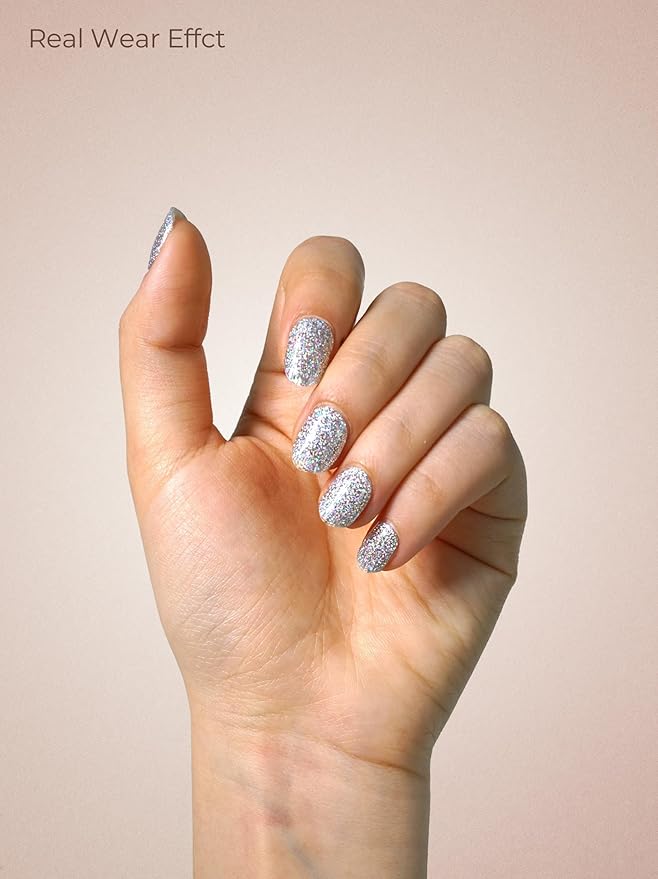 Real Gel Nail Strips (No UV Light Needed) - 44Pcs Salon Quality Nail Stickers - Long Lasting Polish Wraps for Women, Easy Apply & Remove (Ethereal Silver)