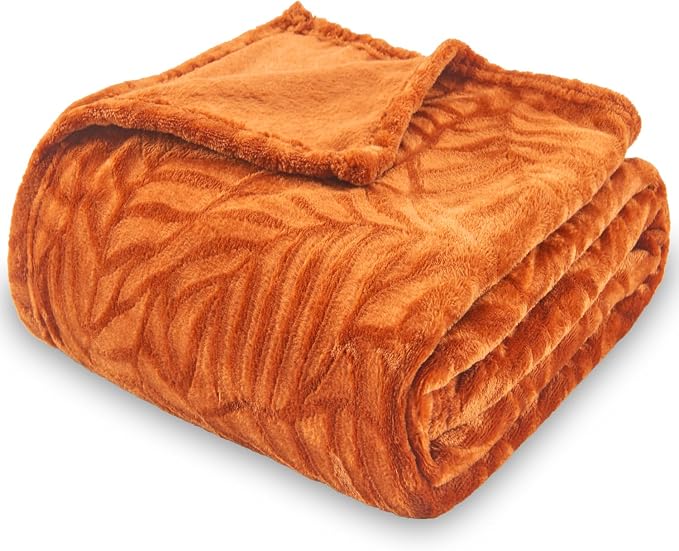 Super Soft Flannel Fleece Fall Throw Blanket, 60 x 80 Inches, Orange | Lightweight Cozy Warm Leaves Textured Plush Blanket for Bed Couch Sofa