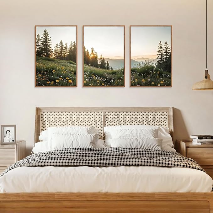 FWIEXA Mountain Canvas Wall Art Set, Framed Forest Nature Wall Decor, 3 Piece Landscape Paintings Artwork, 16x24 Inches Wildflower Pictures for Living Room, Bedroom, Office