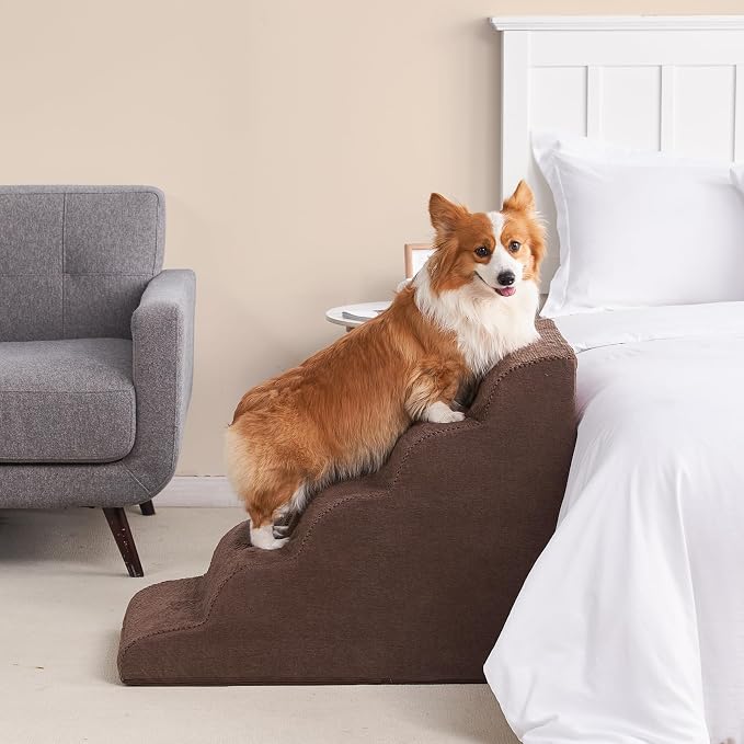 EHEYCIGA Curved Dog Stairs Ramp, 5-Step Extra Wide High Beds, Dog Steps | 33D density of pure foam, for Small Dogs and Cats, Pet Stairs for High Bed Climbing, Non-Slip Balanced Indoor, Brown