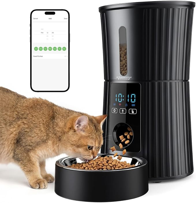 NEWBULIG 4L Automatic Cat Feeder with APP, 2.4G WiFi Pet Feeders, Black | Applicable for Dry Food, 19.5 Cups, Programmable Schedule, 10 Meals/Day, 50 Portions/Meal, 10s Voice Recorder, Dual Power