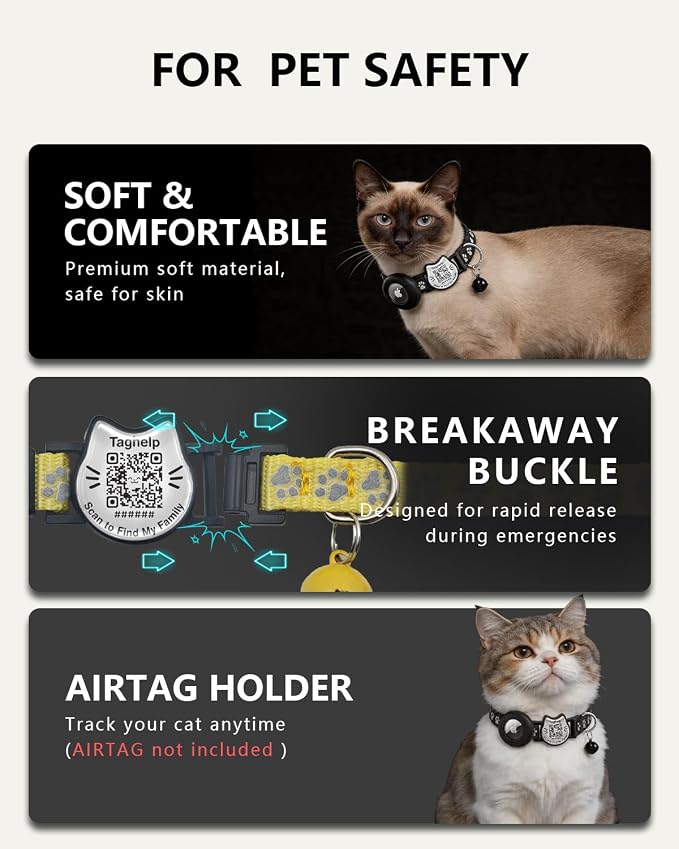 Cat Collar with AirTag Holder, QR Code Tag and Bell (Green, Paw Pattern)