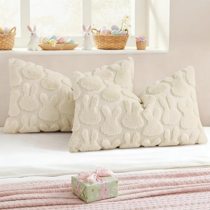 decorUhome Beige Faux Fur Bunny Throw Pillow Covers 12x20 Set of 2 | Plush Soft Wool Jacquard Beige Rabbit Cushion Covers, Modern Farmhouse Easter Holiday Decor PillowCases for Sofa Bed