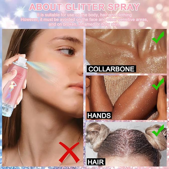 Glint-Rainbow Body Glitter Spray,Glitter Spray for Hair and Body,Long-Lasting Shimmer Powder Hairspray for Festival Concert Party Rave Accessories (Glint-Rainbow)