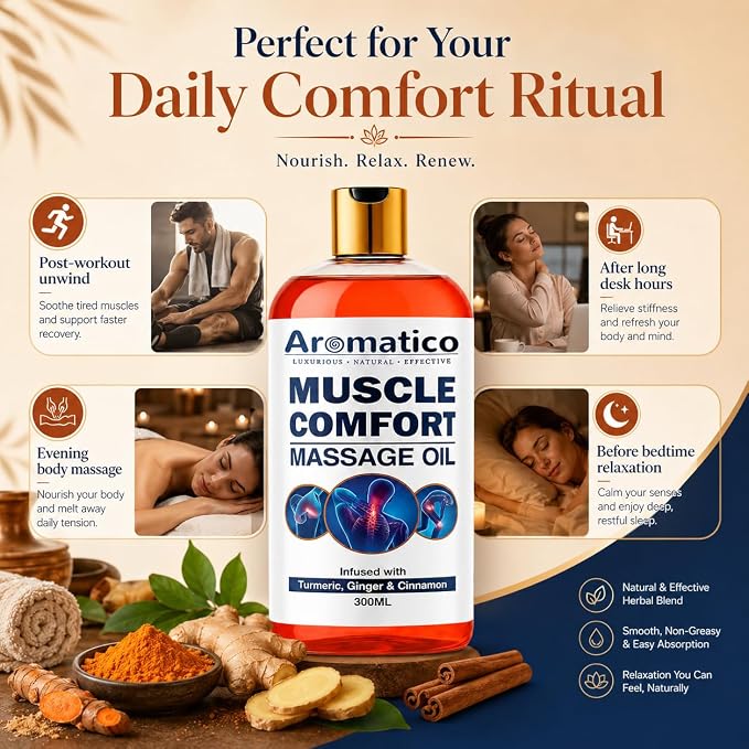 AROMATICO Muscle Comfort Deep Tissue Massage Oil - Herbal Massage Oil with Ginger, Turmeric & Clove for Joint Pain, Back Pain & Muscle Relaxing | 10 Fl Oz