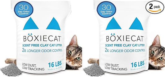Boxie Unscented 30 Day Odor Control Clumping Clay Cat & Kitty Litter, 99.9% Dust-Free, Hard Flat Top Clumps, No Fragrances No Fillers, Long-Lasting, Easy to Scoop,16 lb (Pack of 2)