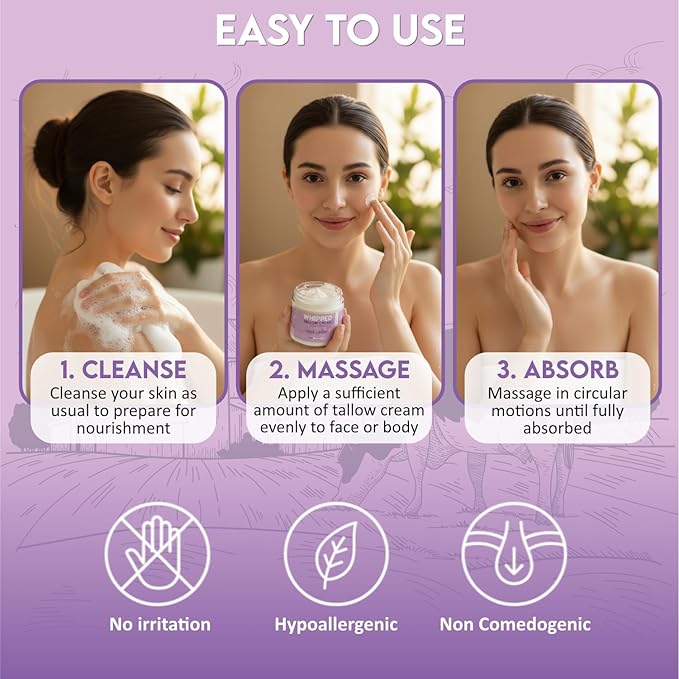 Beef Tallow for Skin, Whipped Beef Tallow Balm for Face & Body with Shea Butter and Lavender Oil, Grass Fed Beef Tallow for Eczema, Dry Sensitive Skin and Rosacea 4 Oz (Vanilla Lavender)