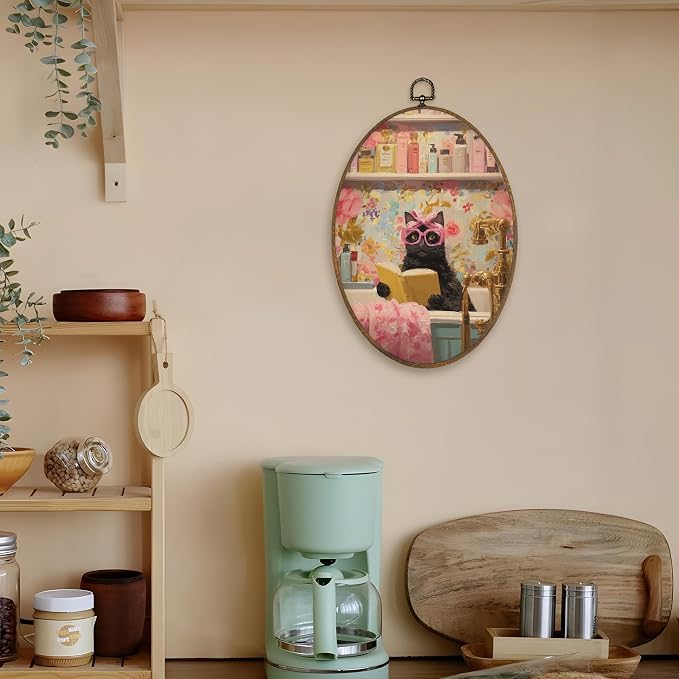 LKETW Funny Black Cat Bathroom Oval Wall Art Decor, Cat Bathroom Oval Canvas Hanging Decor, Eclectic Kitten Reading in Bathtub Wall Decorations for Washroom Restroom Toilet, 8.6x11.4 Inch