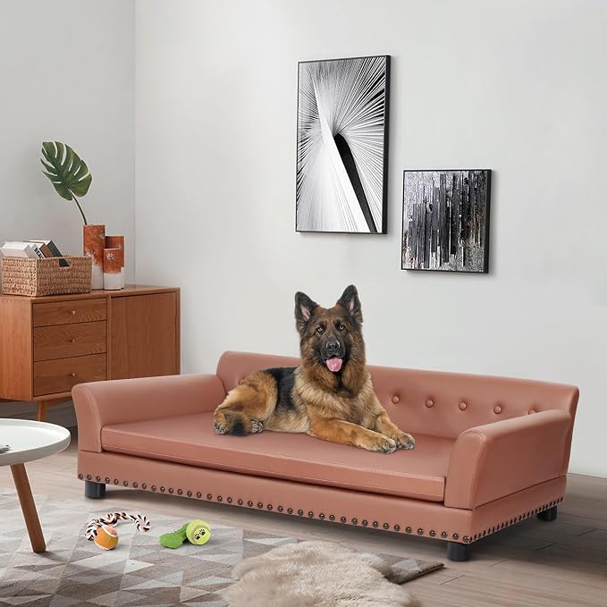 XL Leather Dog Sofa: Scratch Resistant Pet Couch up to 132lbs | Extra Large Luxury Modern Indoor Dog Furniture, Elevated Wooden Frame Doggie Lounge Bed, Replaceable Cover, Easy Clean