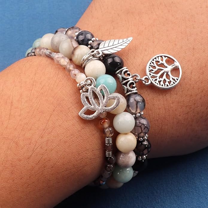 UEUC Tree of Life Yoga Healing Stone Bracelets,Multilayer Lotus Chakra Stone Reiki Bracelet Sets,Anxiety Crystal Natural Stone,for Women Stress Relief