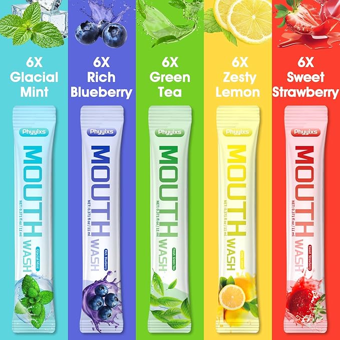 Phyyixs Mouthwash Travel Size – 30 Individually Wrapped Portable Packets, Alcohol-Free & Fluoride-Free, On-The-Go Oral Hygiene for Fresh Breath Anytime(5 Flavors)